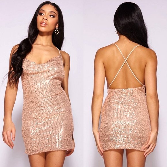 Rose Gold Sequins Sleeveless Cowl Neck Backless Bodycon Mini Dress - Picture 1 of 12